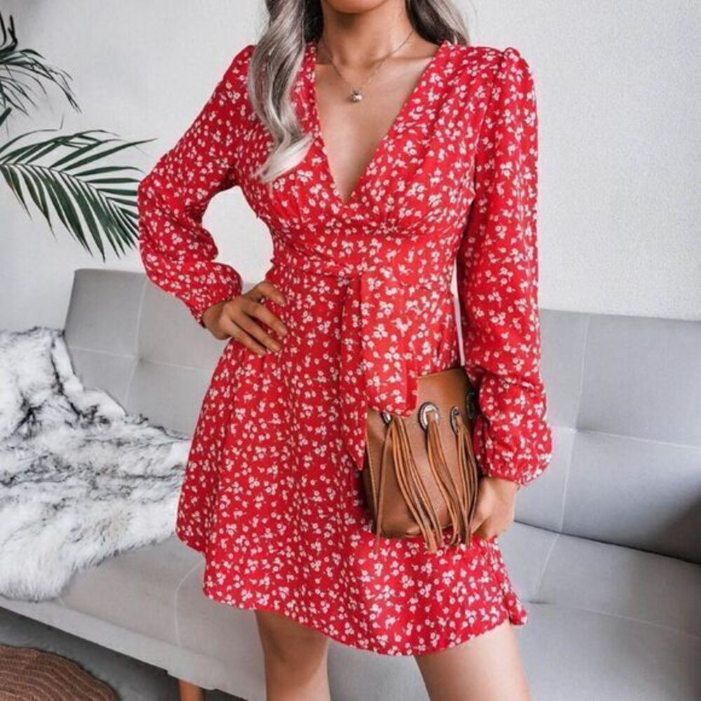 Cupshe Boho Disty Floral Dresses Puff Sleeve Wrap V Neck A-Line Flowy RefCPS080